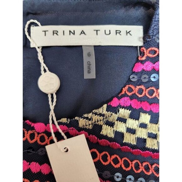 Trina Turk Sequined Blouse Top Women's 6 SMALL Pink Blue Orange Gold Embroidered - Picture 6 of 12